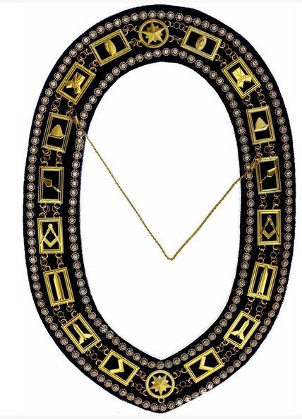 Blue Lodge Working Tools - Rhinestones Chain Collar - Gold/Silver on Blue + Free Case