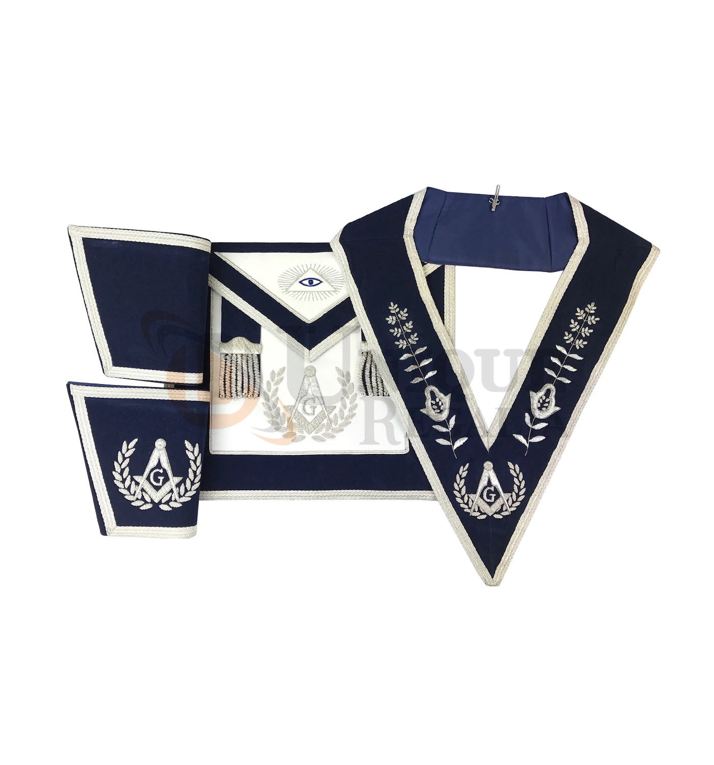 Master Mason Apron Hand Embroidery Apron Gauntlet and Collar Set Navy
