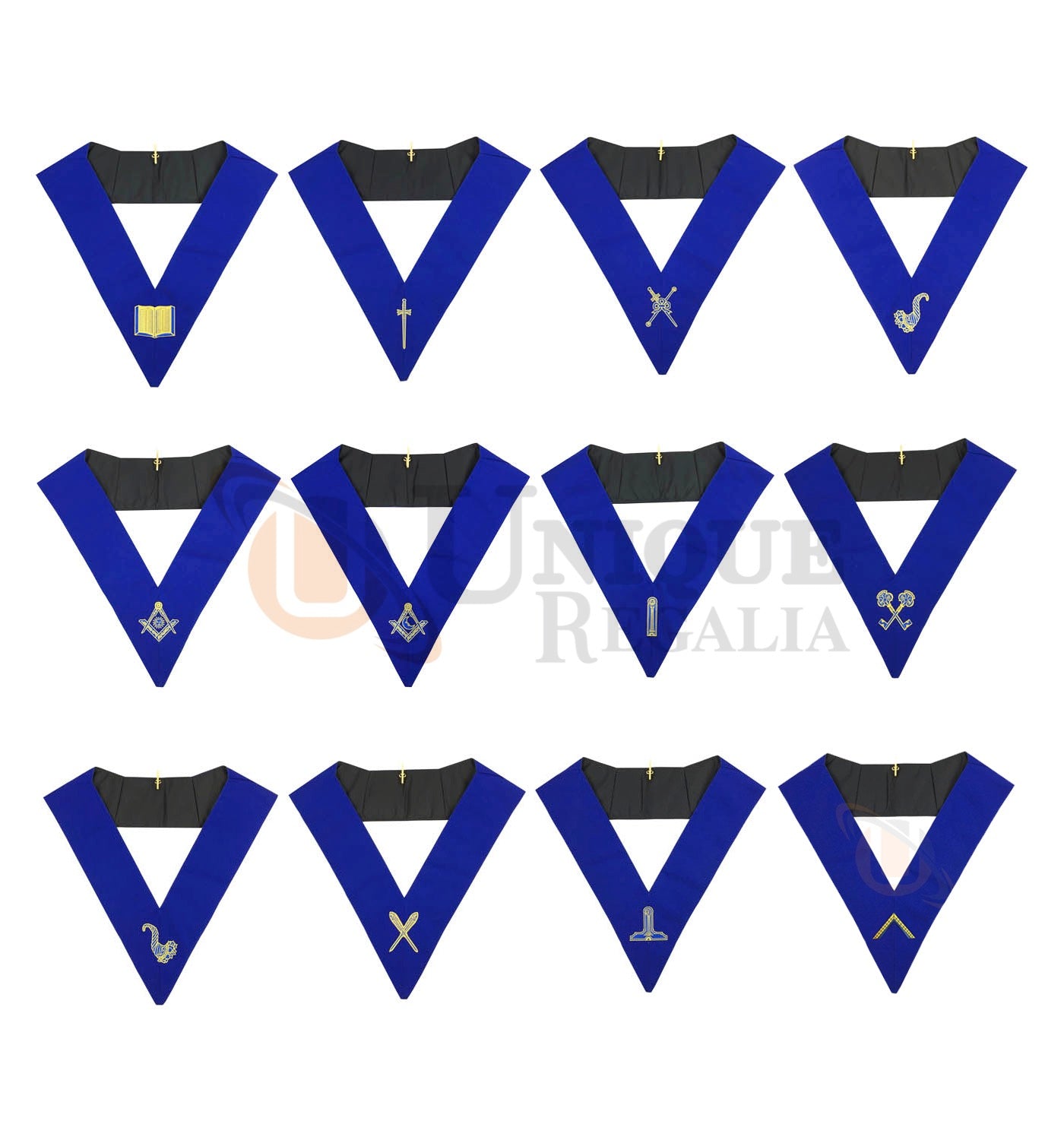 Masonic Blue Lodge Officers Collar Set of 12 Machine Embroidery Collars