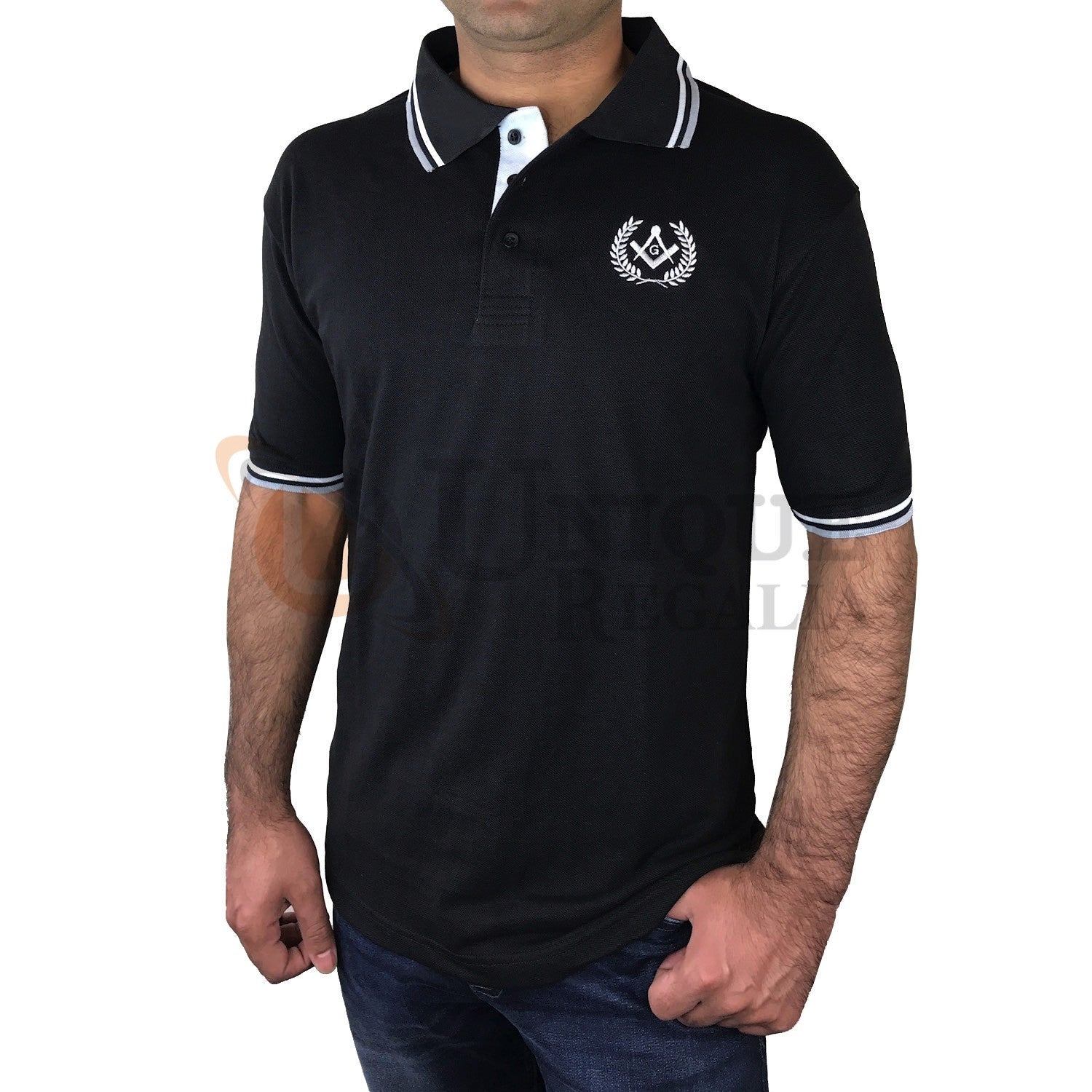 Masonic Golf Polo Shirt with Square compass & G Embroidery Logo Black/Grey/Blue