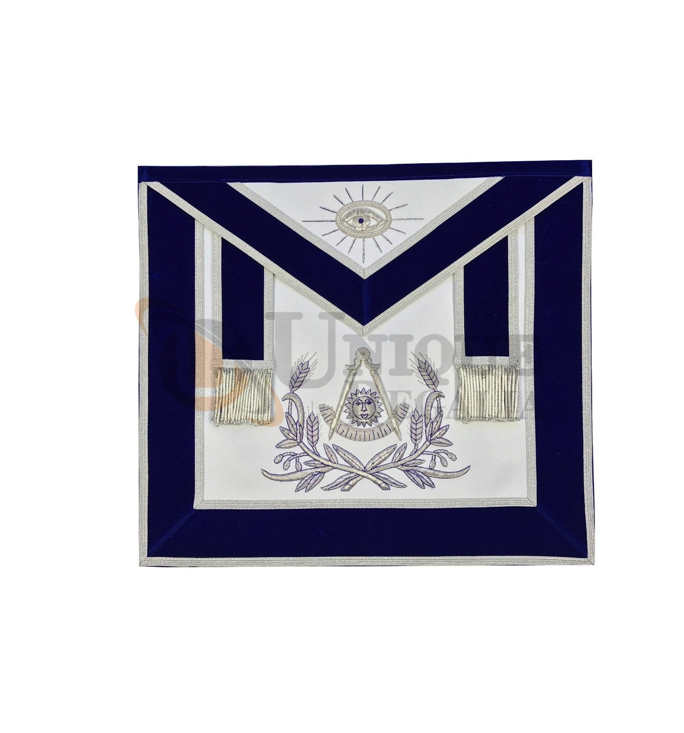Masonic Past Master Hand Embroided Apron Gold/Silver  Embroidery Blue Velvet