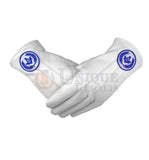 Masonic Regalia White Soft Leather Gloves Square Compass & G Yellow/Blue